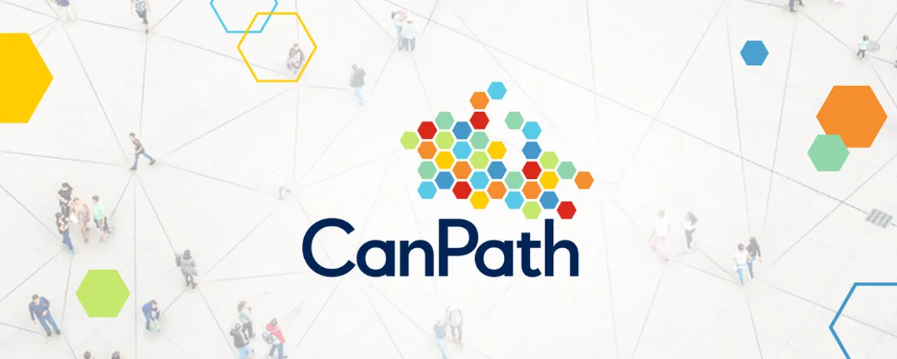 Aerial view of people walking on a large, open plaza with a geometric pattern of intersecting black lines, resembling a network with CanPath logo in the centre